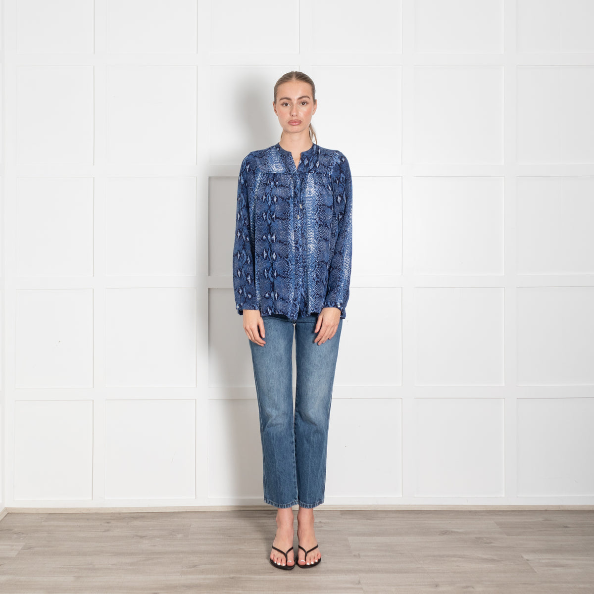 Mercy Delta Blue Snake Skin Silk Long Sleeve Blouse