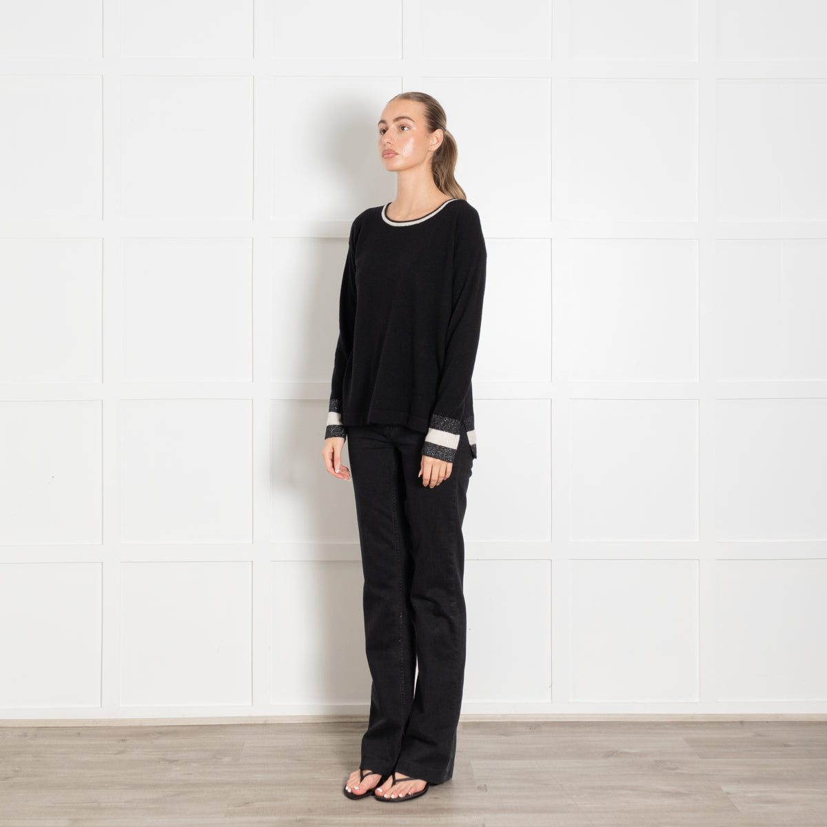 Cocoa Cashmere Black White Silver Lurex Trim Neck Cashmere Jumper