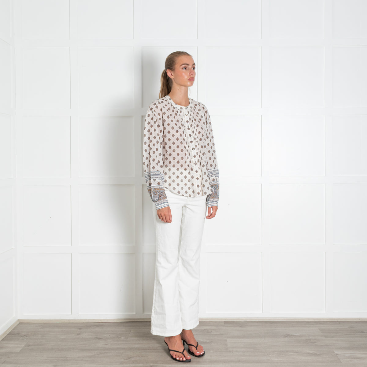 Veronica Beard Cream And Brown Print Cotton Top