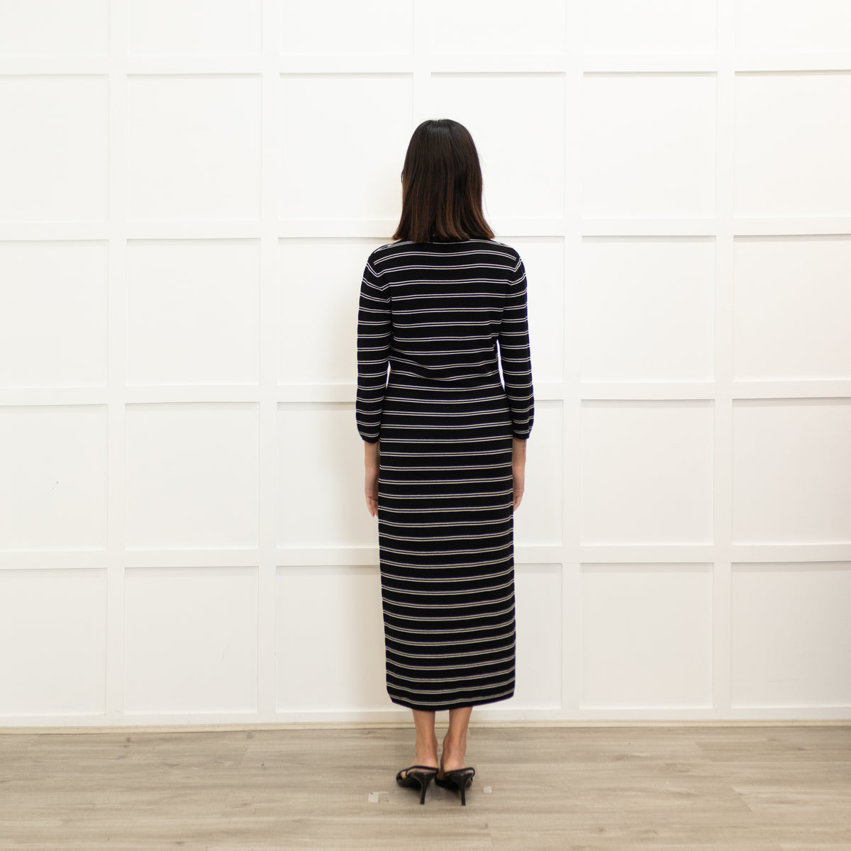 Theory Black White Striped Stretchy Midi Dress