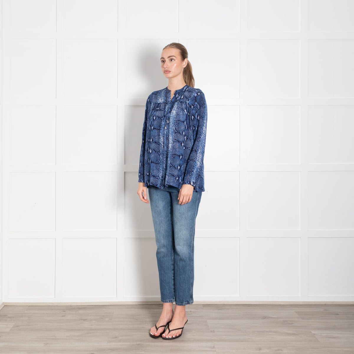 Mercy Delta Blue Snake Skin Silk Long Sleeve Blouse