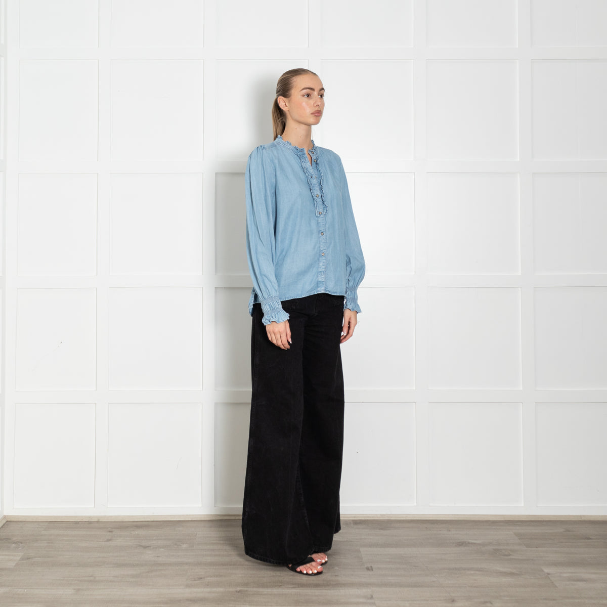 Me + Em Pale Blue Denim Ruffle Trim Blouse