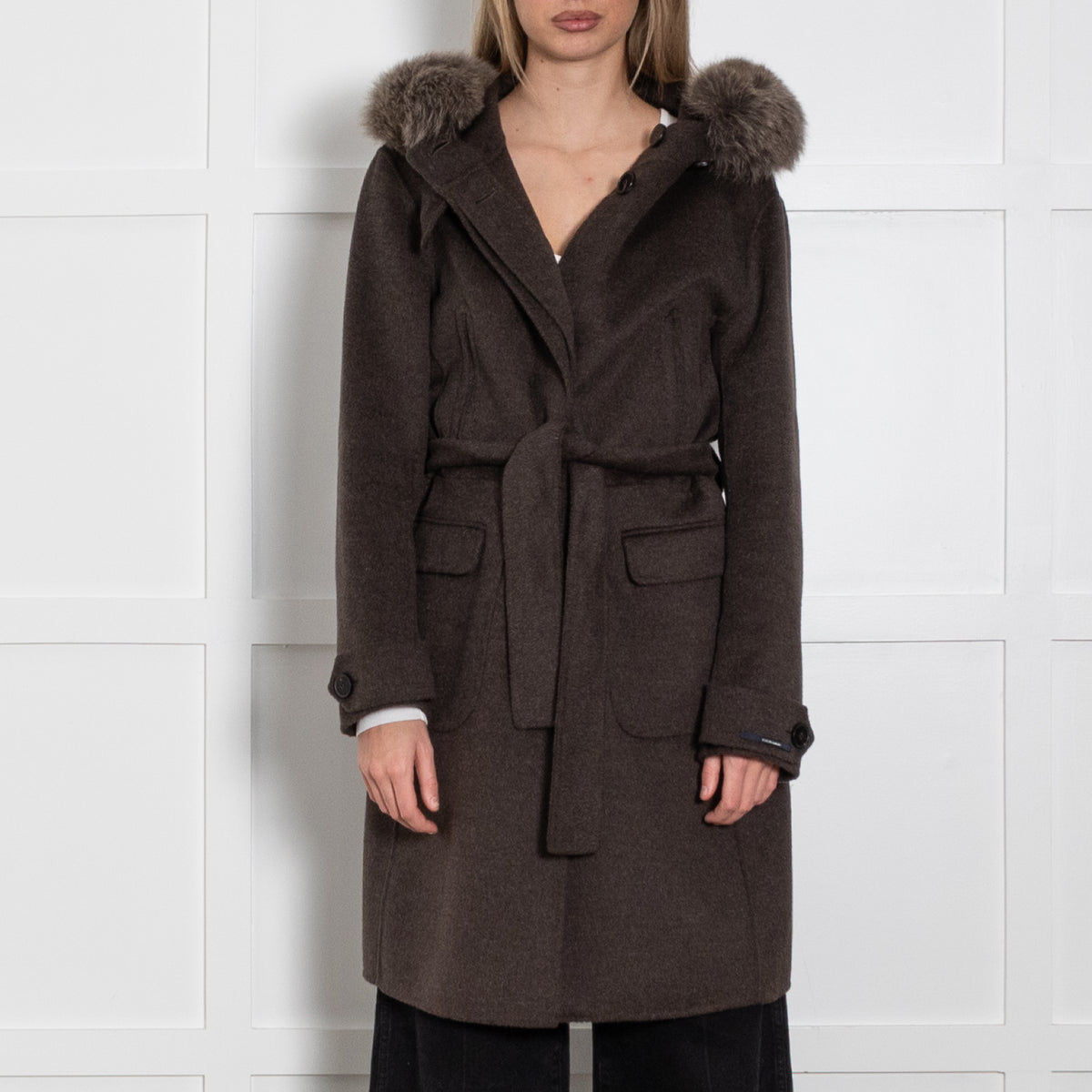 S Max Mara Brown Angora Blend Fur Trim Hooded Coat