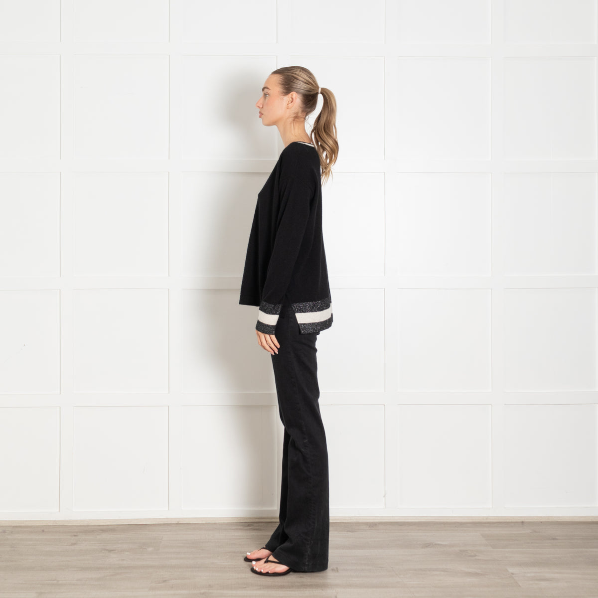 Cocoa Cashmere Black White Silver Lurex Trim Neck Cashmere Jumper