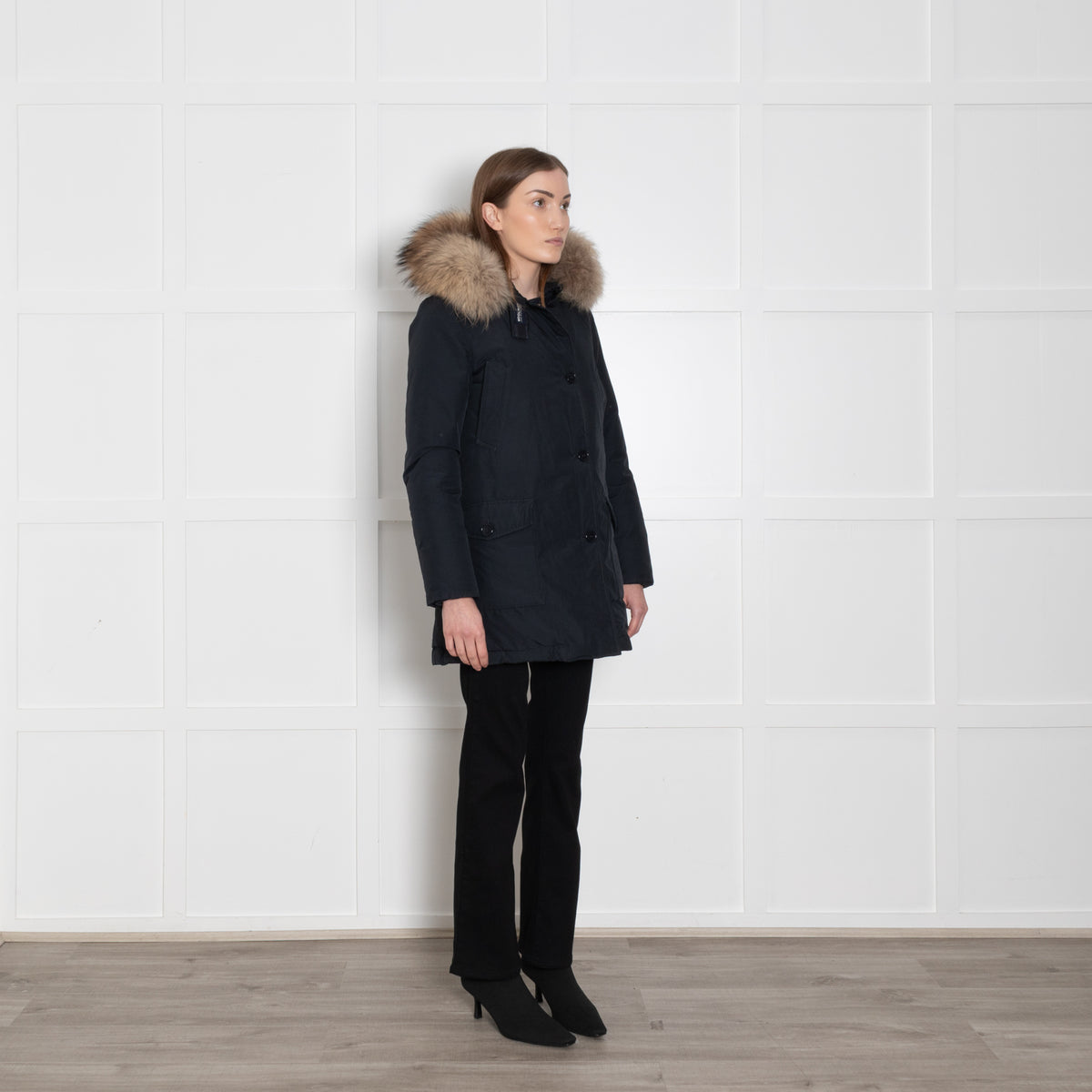 Woolrich Blue Jacket With Fur Edged Non Detachable Hood