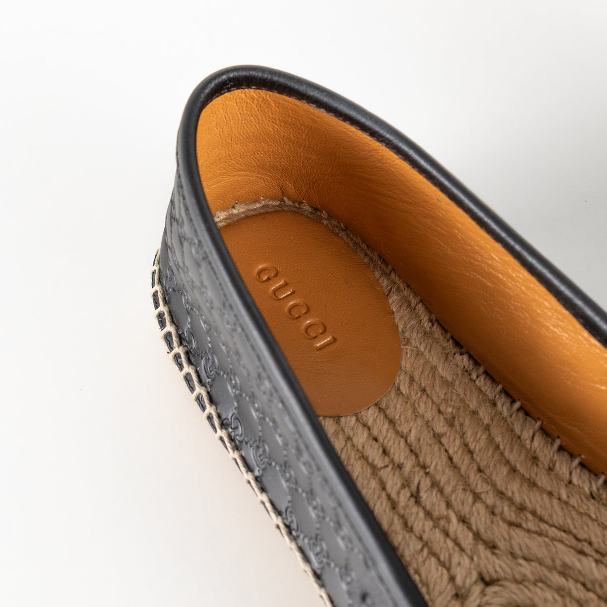 Gucci Black Leather Logo Embossed Espadrilles