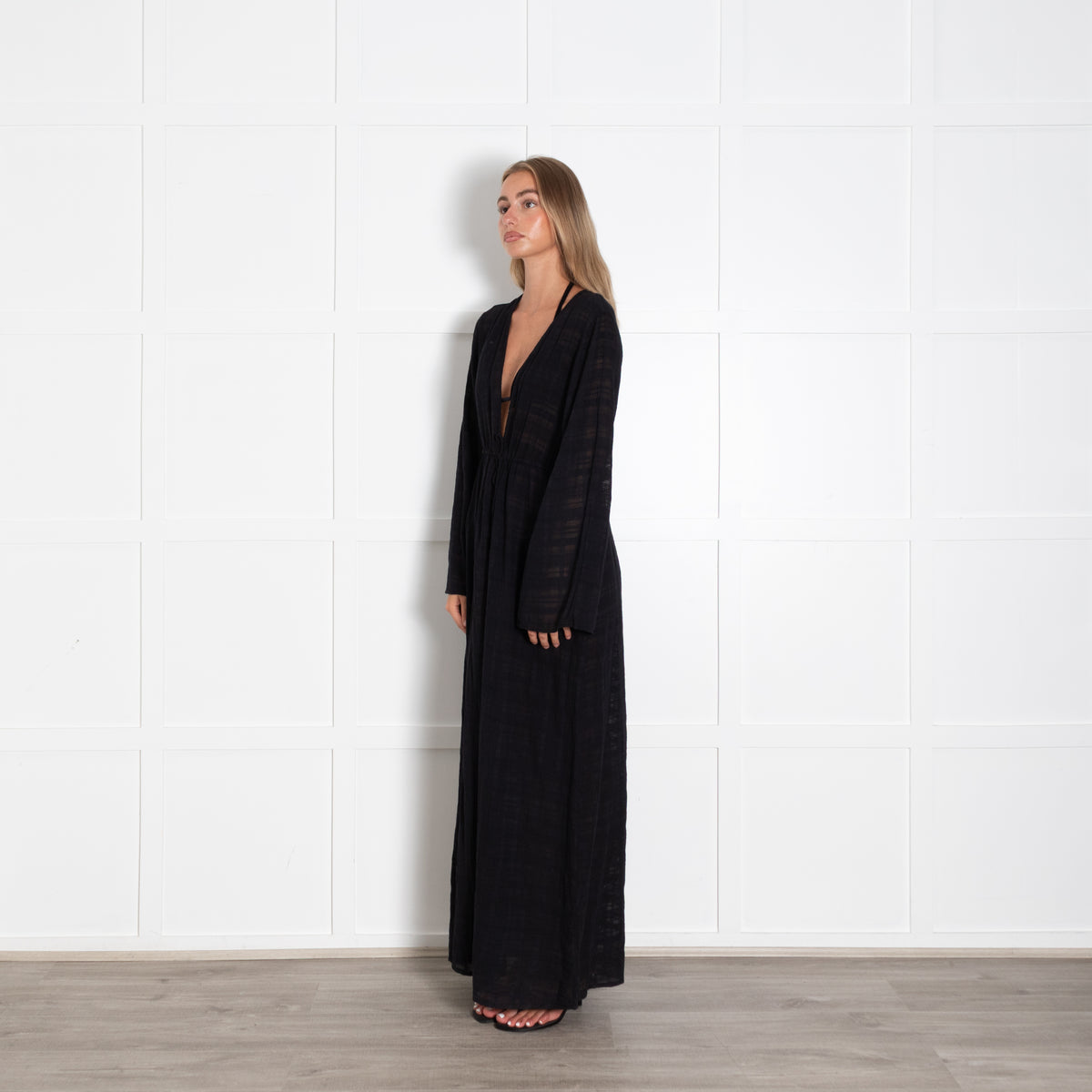 Honorine Black Beach Tie Front Long Kaftan