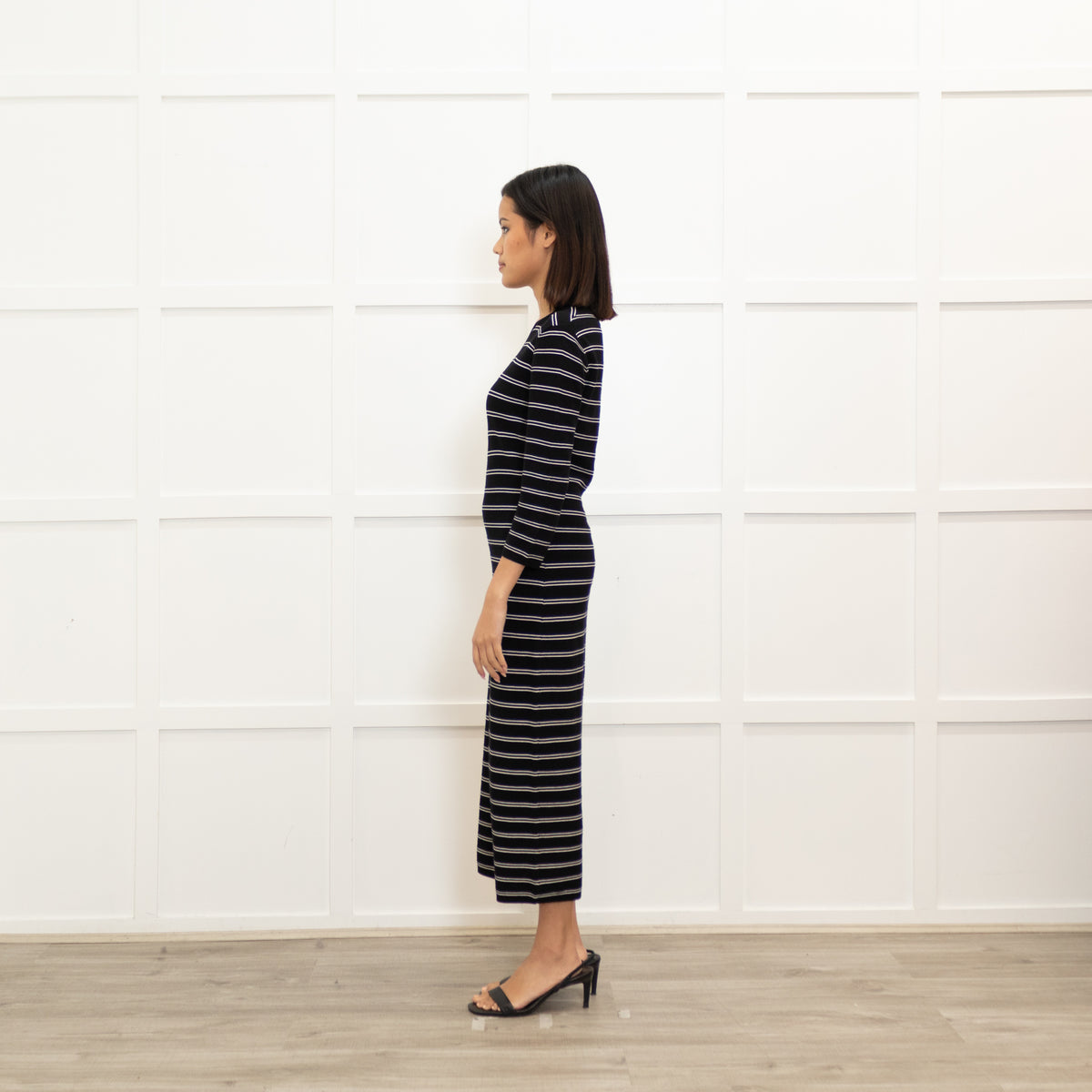 Theory Black White Striped Stretchy Midi Dress