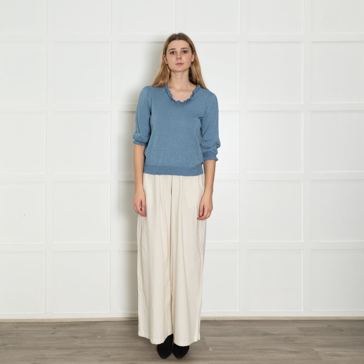 Wyse Blue Lurex Frill Trim Sweater