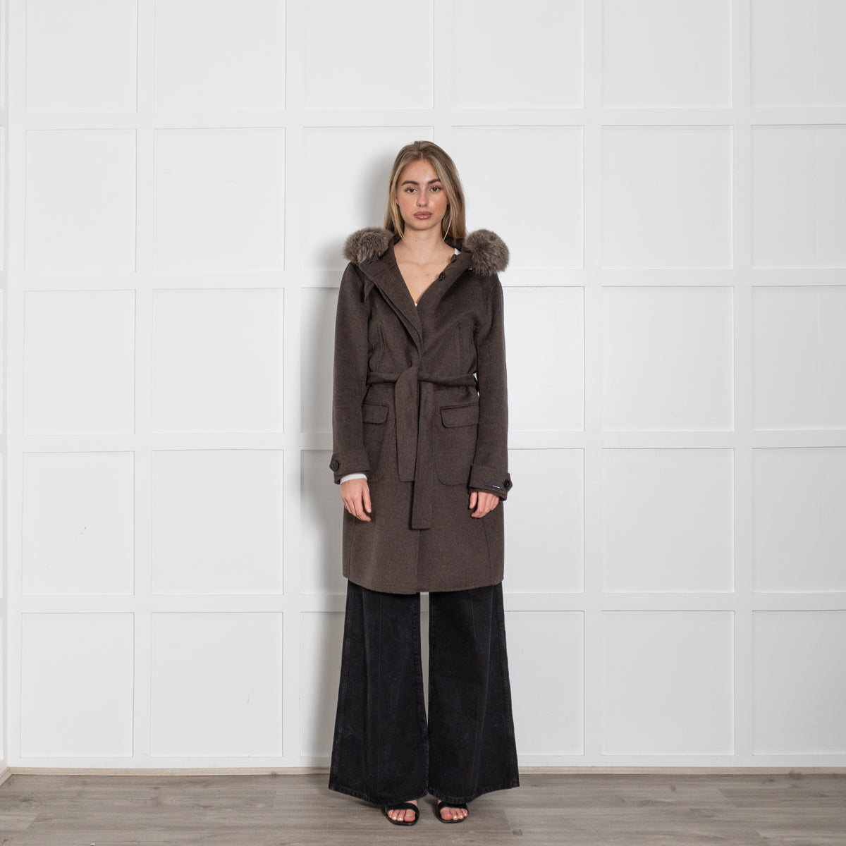 S Max Mara Brown Angora Blend Fur Trim Hooded Coat