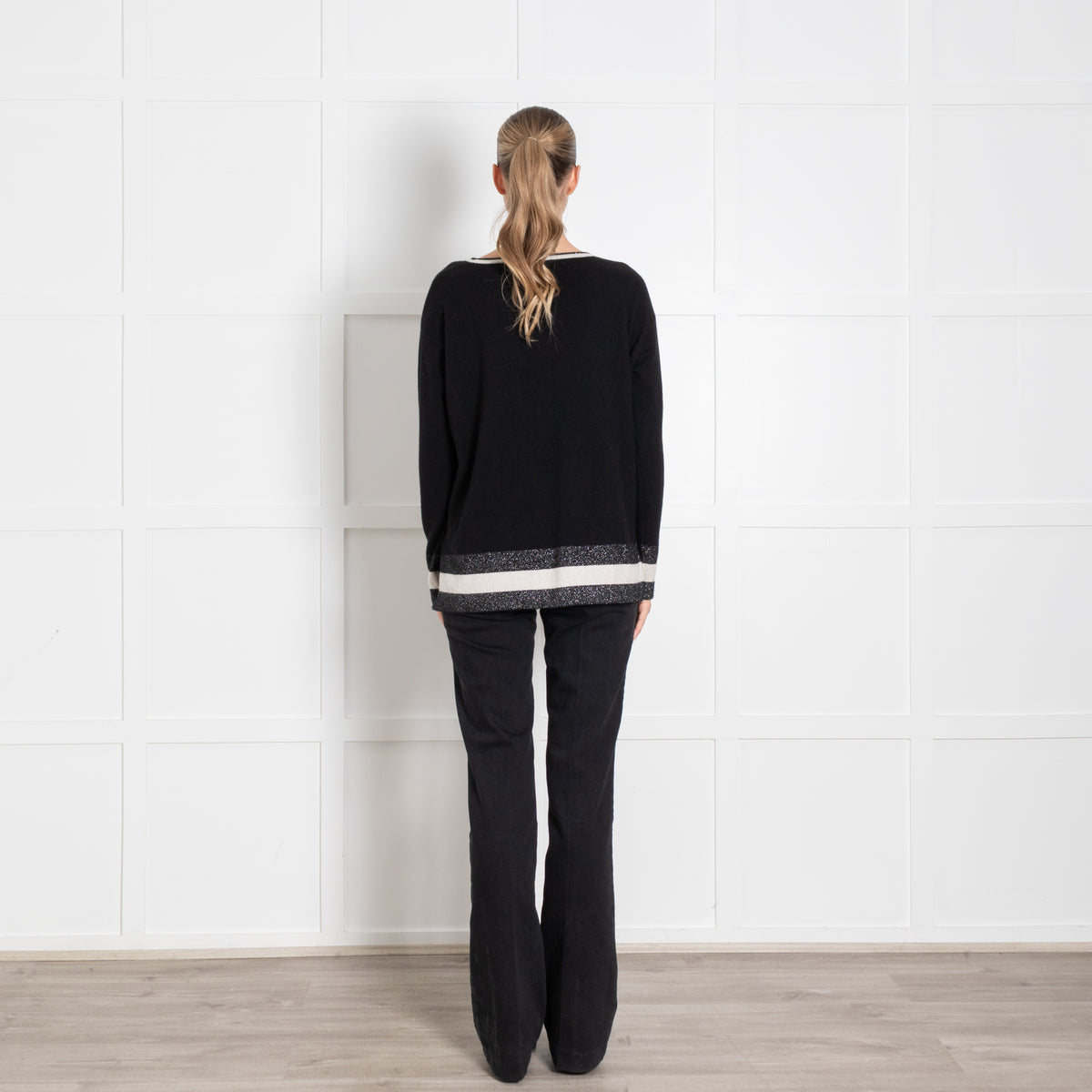 Cocoa Cashmere Black White Silver Lurex Trim Neck Cashmere Jumper