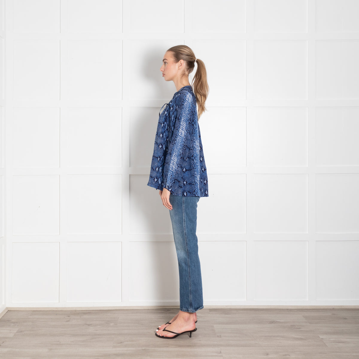 Mercy Delta Blue Snake Skin Silk Long Sleeve Blouse