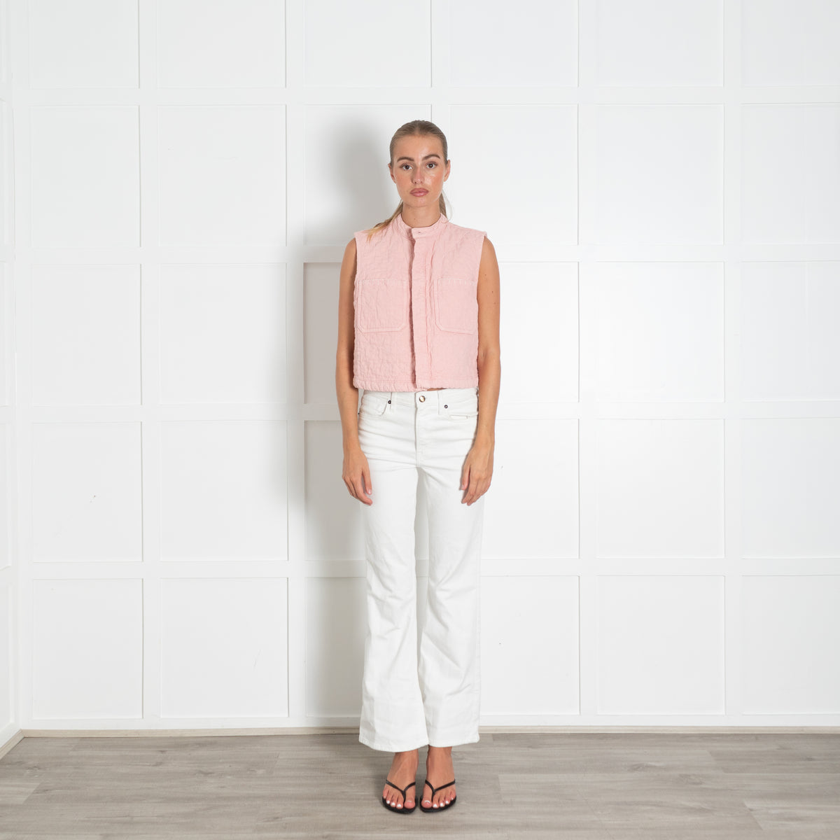 Seventy & Mochi Dusty Pink Qulited Cropped Gilet With White Contrast Stitch And Enamel Buttons