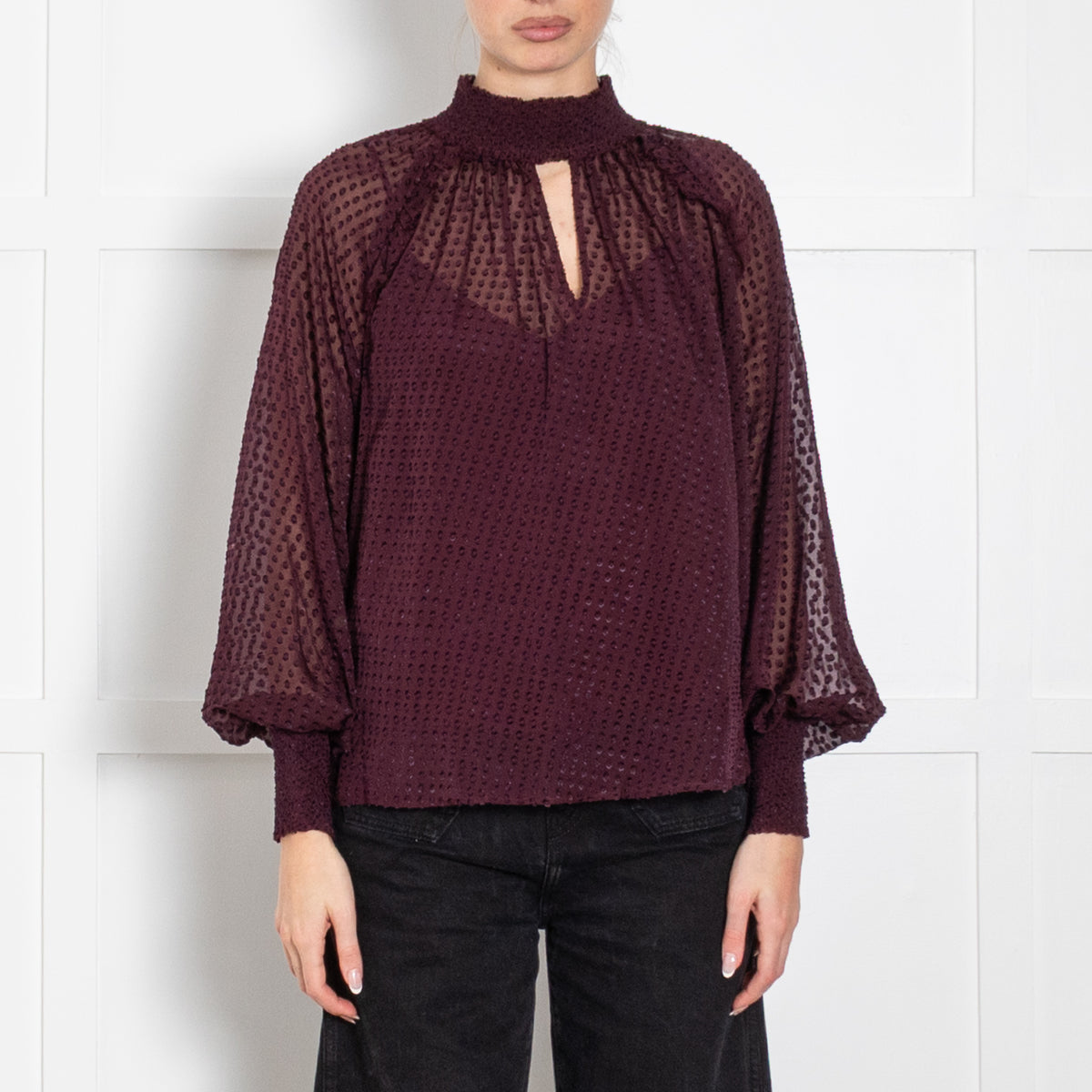 Me + Em Burgundy Sheer with Vest Long Sleeve Dots Top