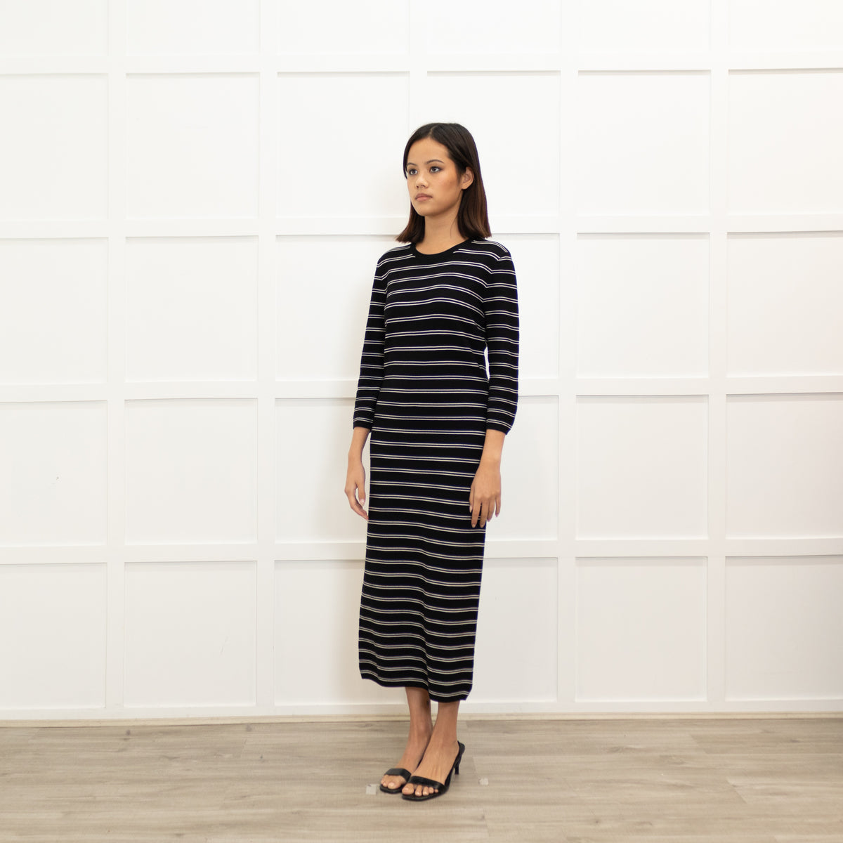 Theory Black White Striped Stretchy Midi Dress