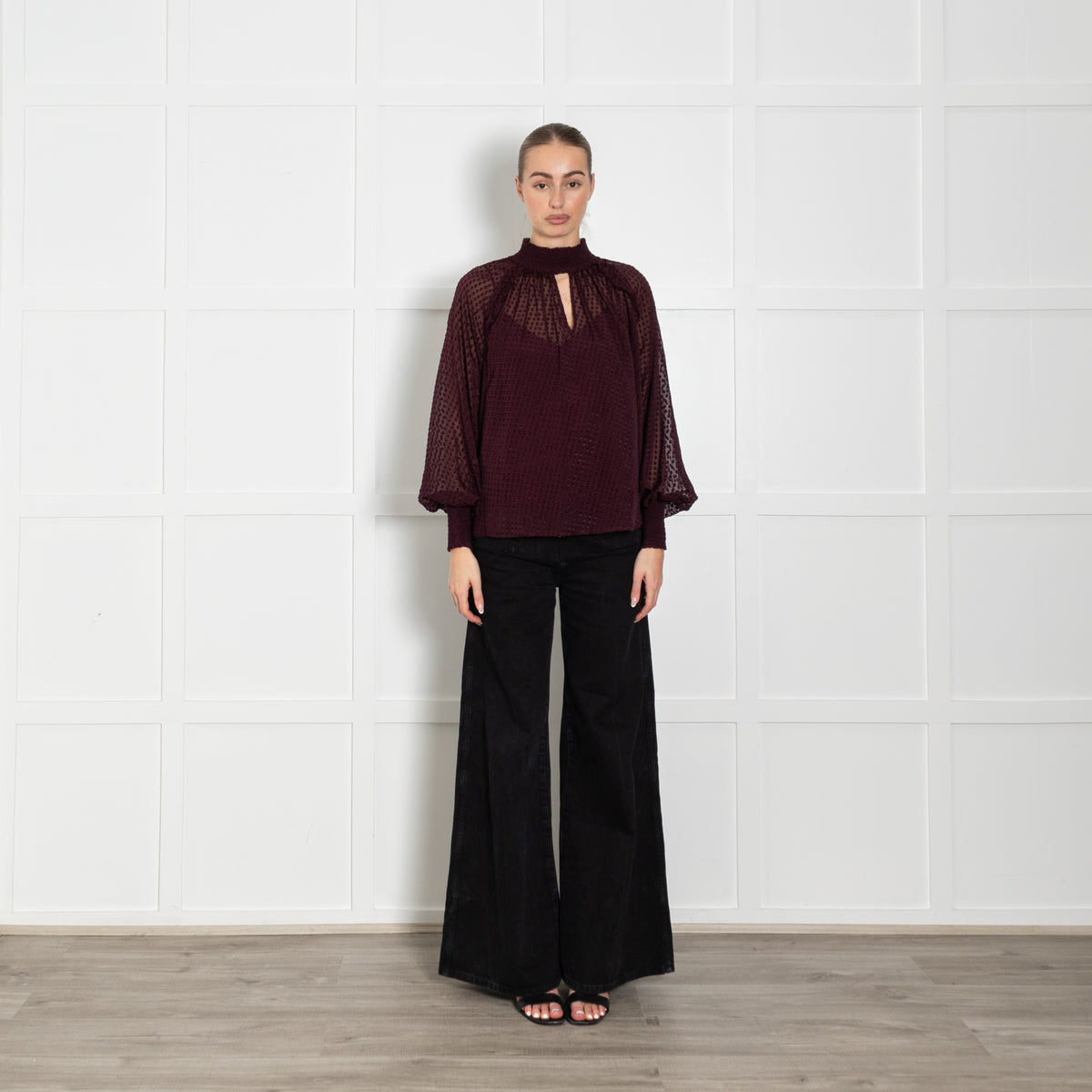 Me + Em Burgundy Sheer with Vest Long Sleeve Dots Top