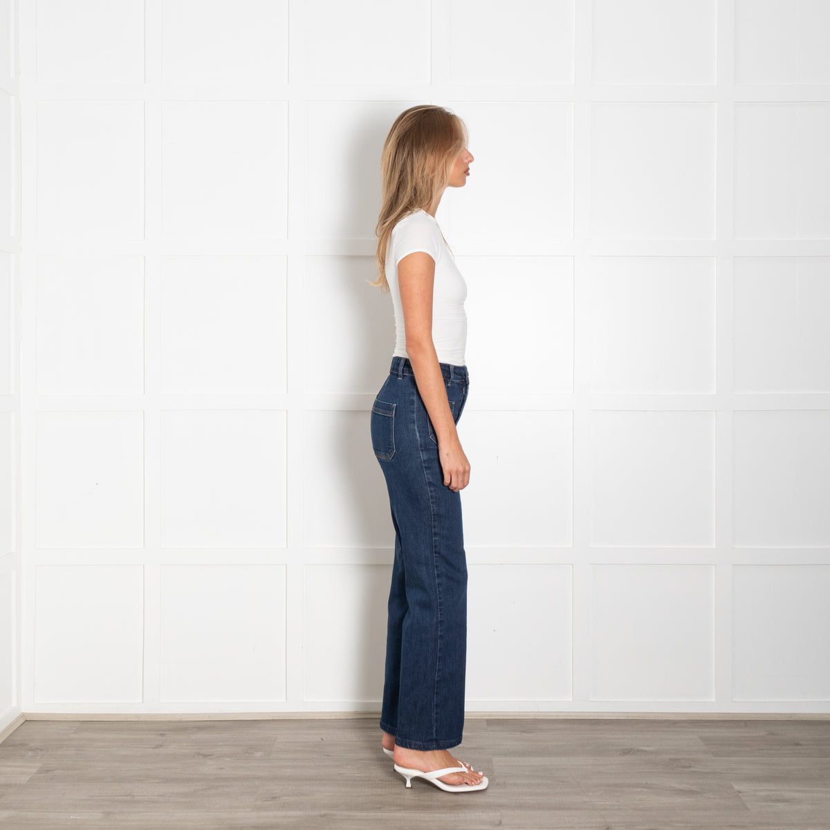 Wyse Dark Blue High Waisted Front Pocket Flared Jeans