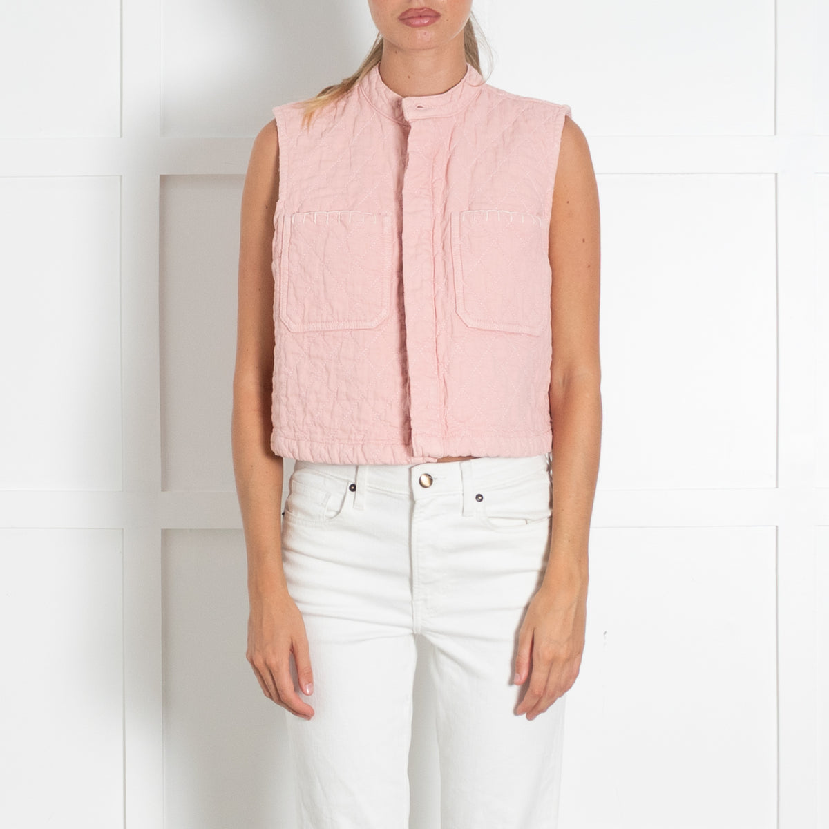 Seventy & Mochi Dusty Pink Qulited Cropped Gilet With White Contrast Stitch And Enamel Buttons