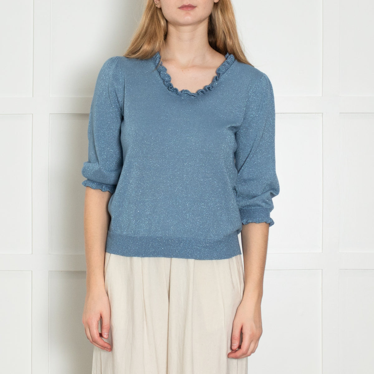 Wyse Blue Lurex Frill Trim Sweater
