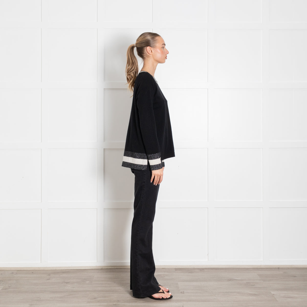 Cocoa Cashmere Black White Silver Lurex Trim Neck Cashmere Jumper