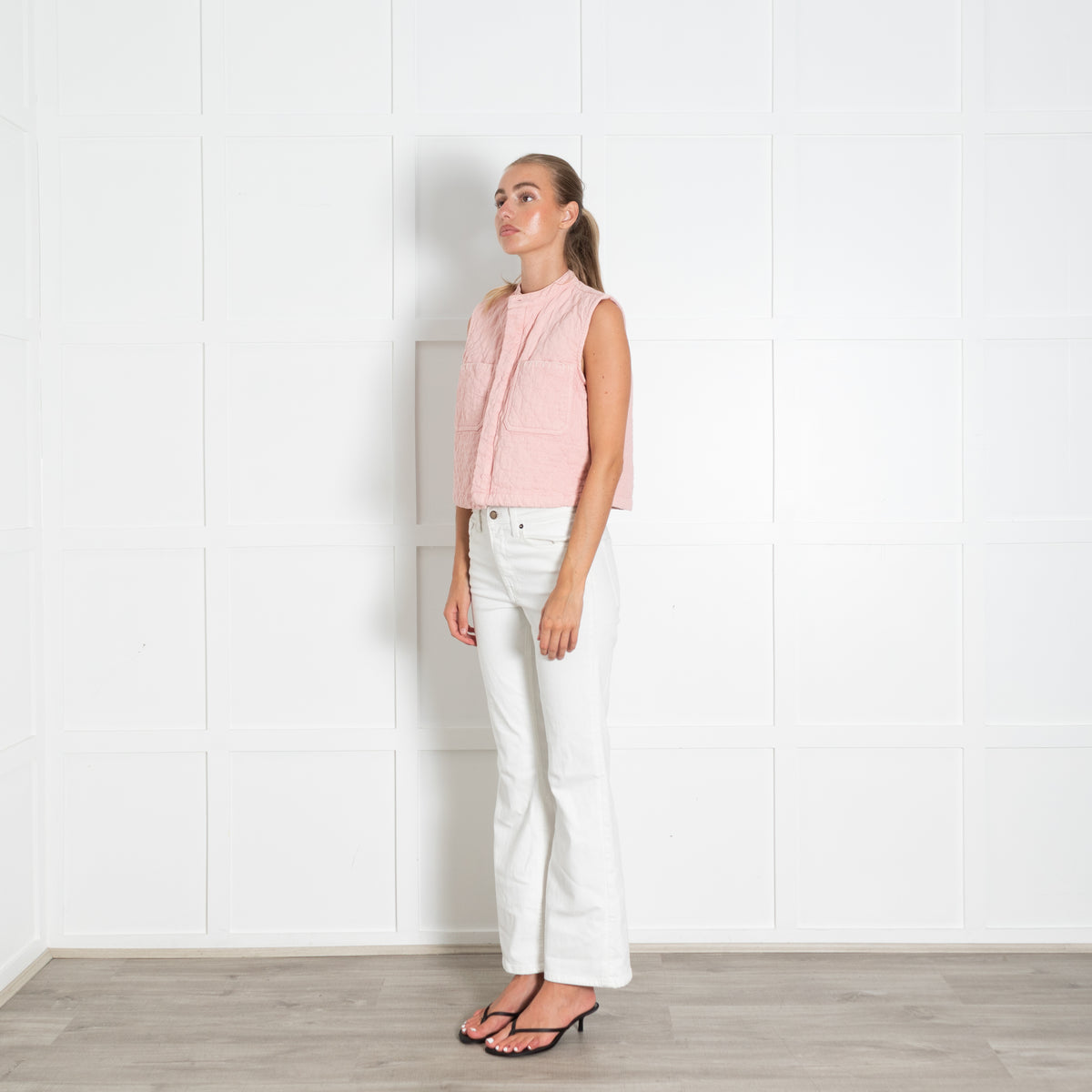 Seventy & Mochi Dusty Pink Qulited Cropped Gilet With White Contrast Stitch And Enamel Buttons