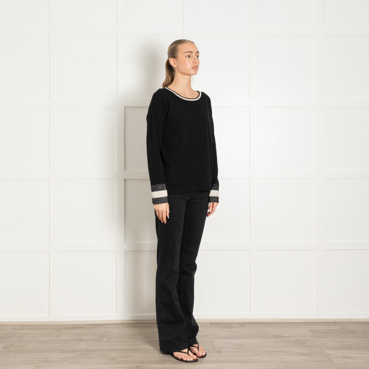 Cocoa Cashmere Black White Silver Lurex Trim Neck Cashmere Jumper