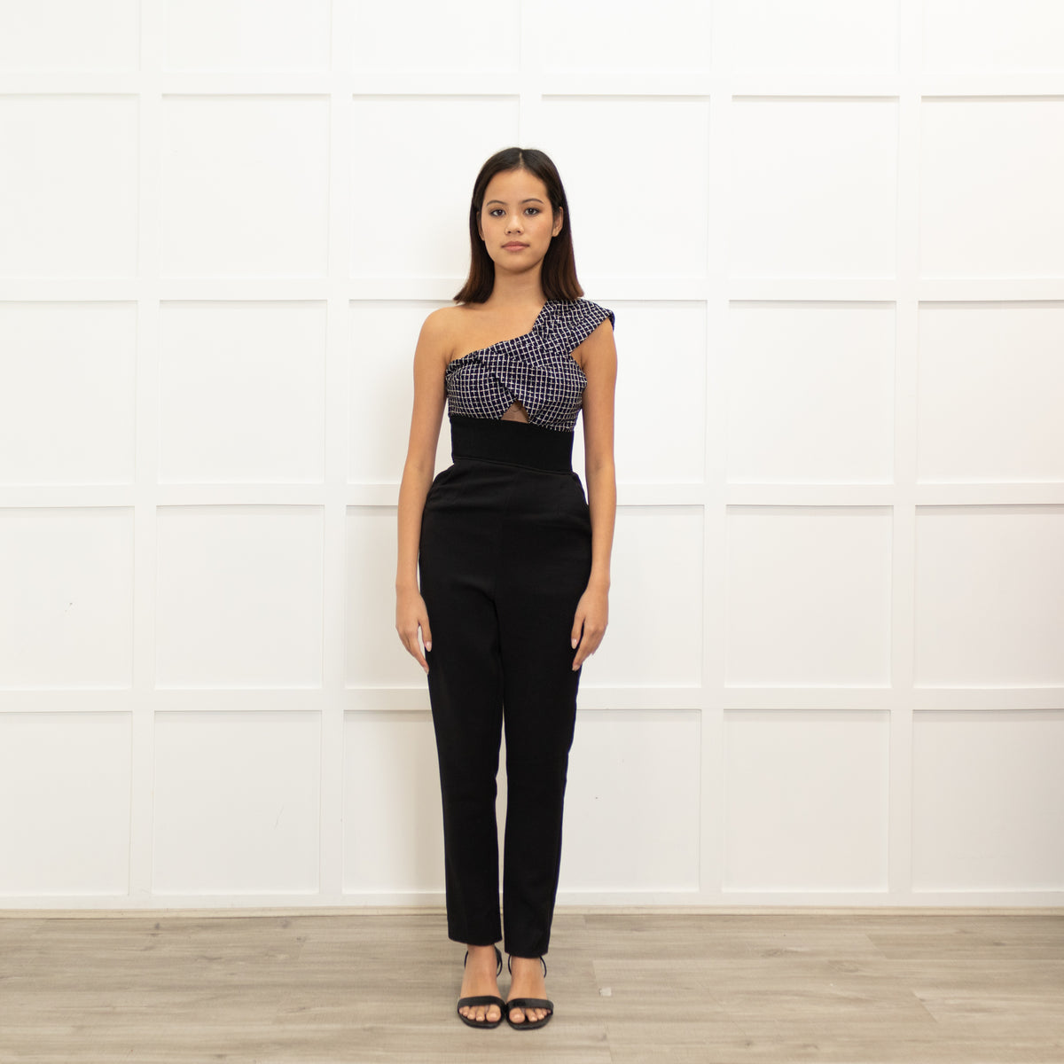 Self - Portrait Black White Check Top One Shoulder Jumpsuit