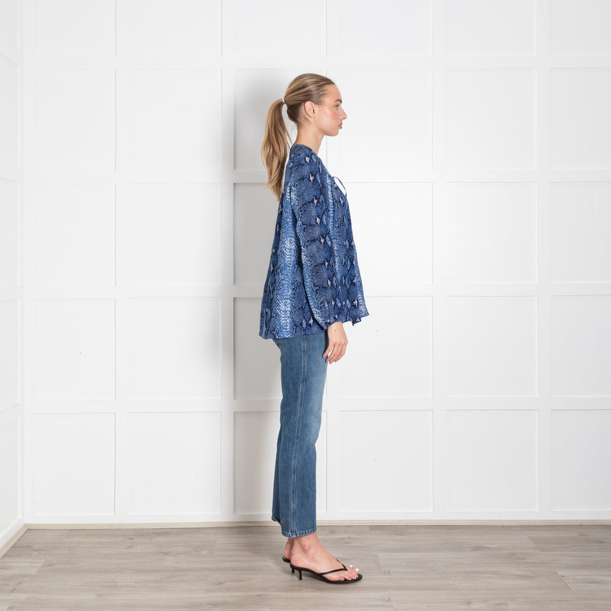 Mercy Delta Blue Snake Skin Silk Long Sleeve Blouse