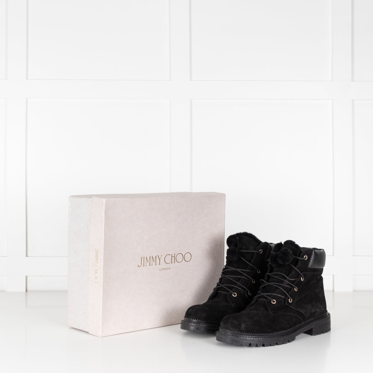 Jimmy Choo Black Suede Pom Pom Flat Boots with Shearling Lining