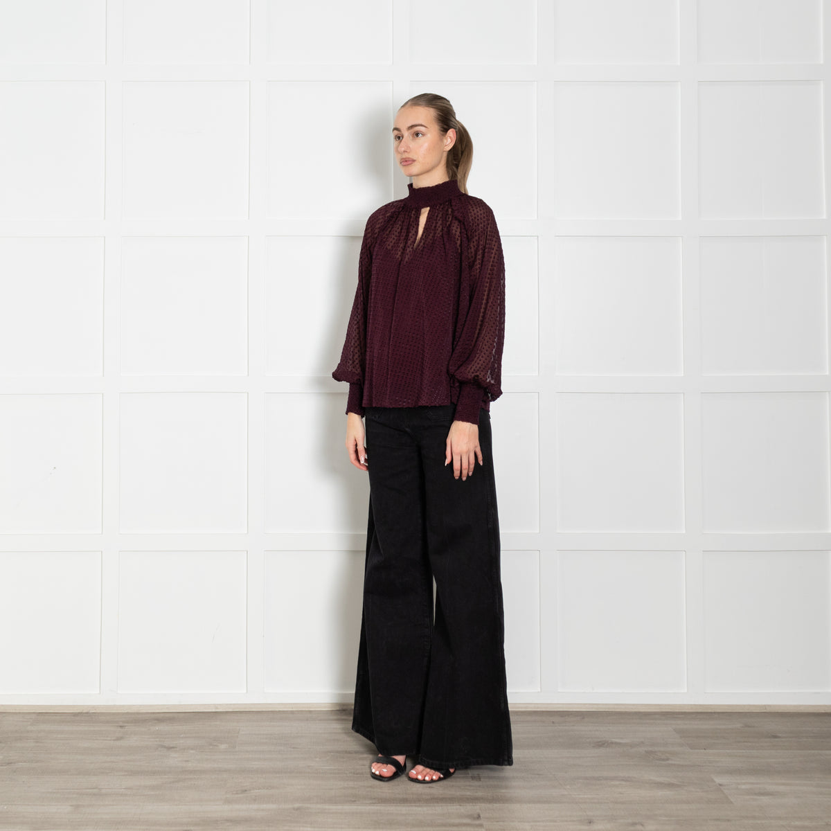 Me + Em Burgundy Sheer with Vest Long Sleeve Dots Top