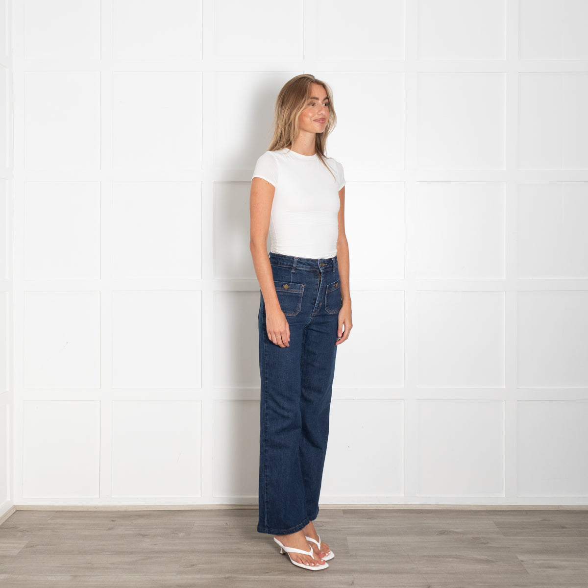 Wyse Dark Blue High Waisted Front Pocket Flared Jeans