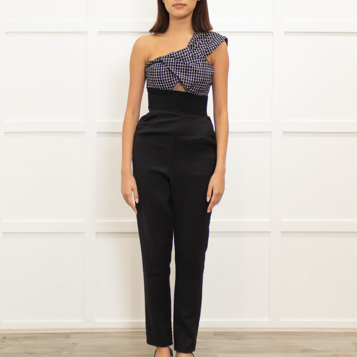 Self - Portrait Black White Check Top One Shoulder Jumpsuit