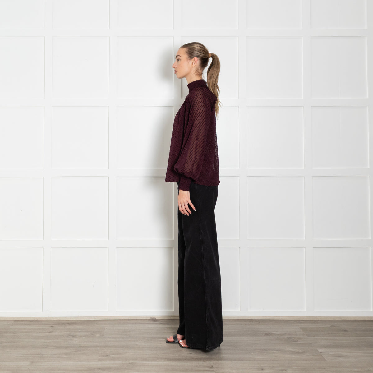 Me + Em Burgundy Sheer with Vest Long Sleeve Dots Top