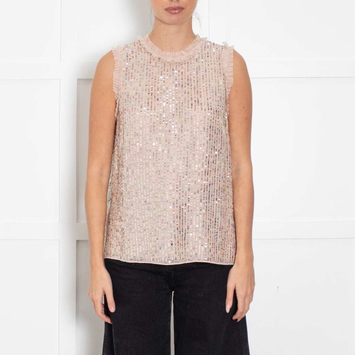 Needle And Thread Pink Sequin Striped Fril Edge Top