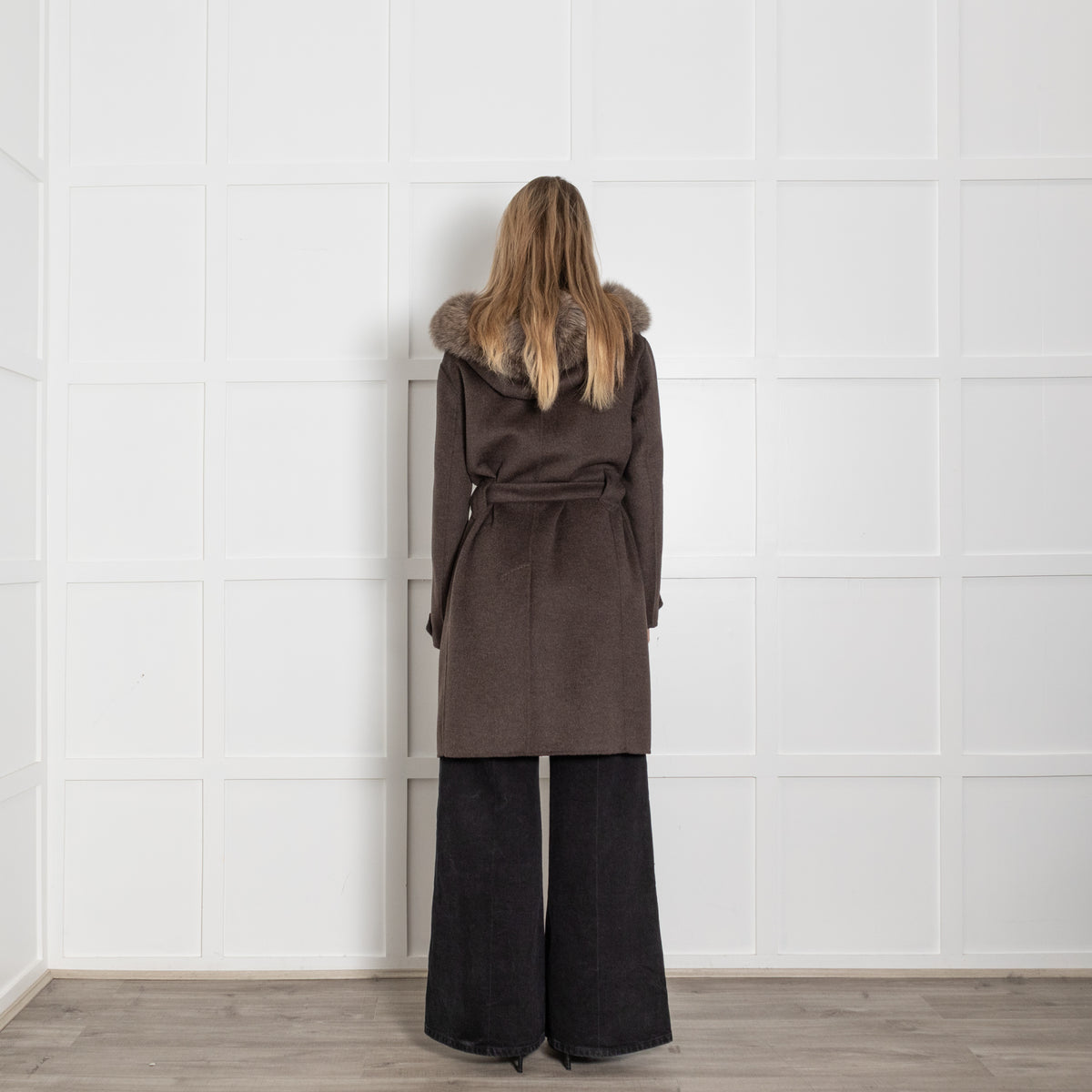 S Max Mara Brown Angora Blend Fur Trim Hooded Coat