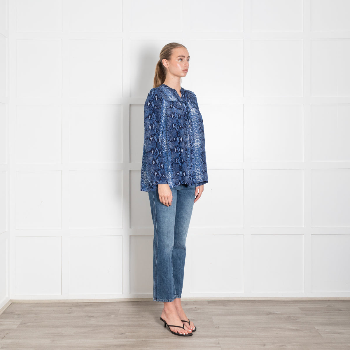Mercy Delta Blue Snake Skin Silk Long Sleeve Blouse