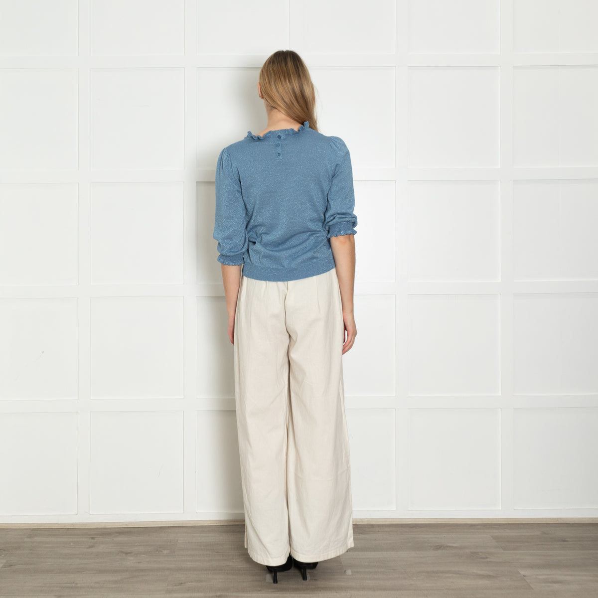 Wyse Blue Lurex Frill Trim Sweater