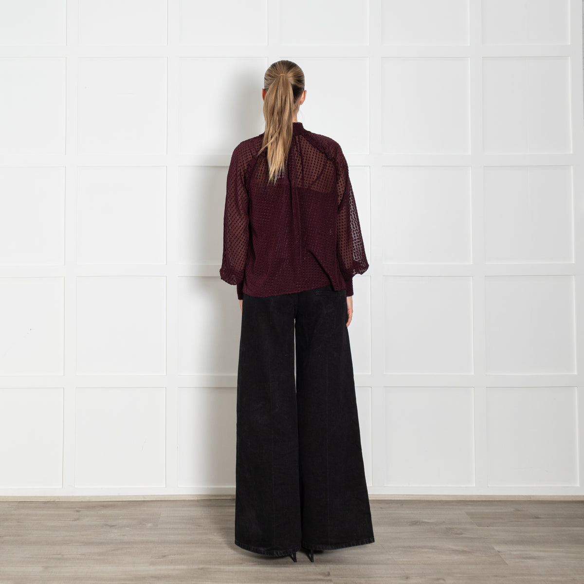 Me + Em Burgundy Sheer with Vest Long Sleeve Dots Top