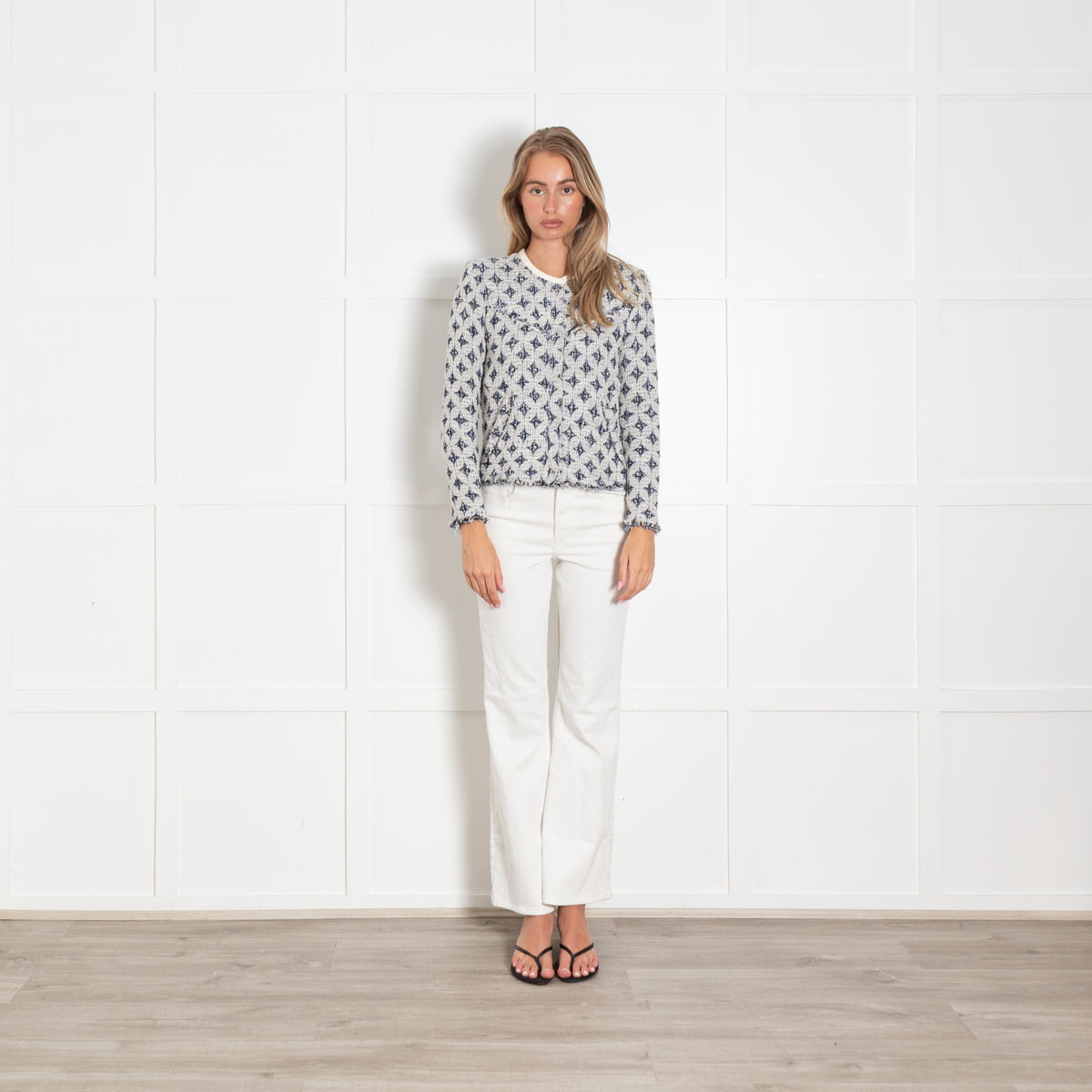 Iro Navy and White Handi Raw Edge Blazer