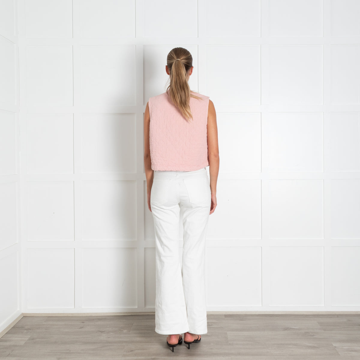 Seventy & Mochi Dusty Pink Qulited Cropped Gilet With White Contrast Stitch And Enamel Buttons