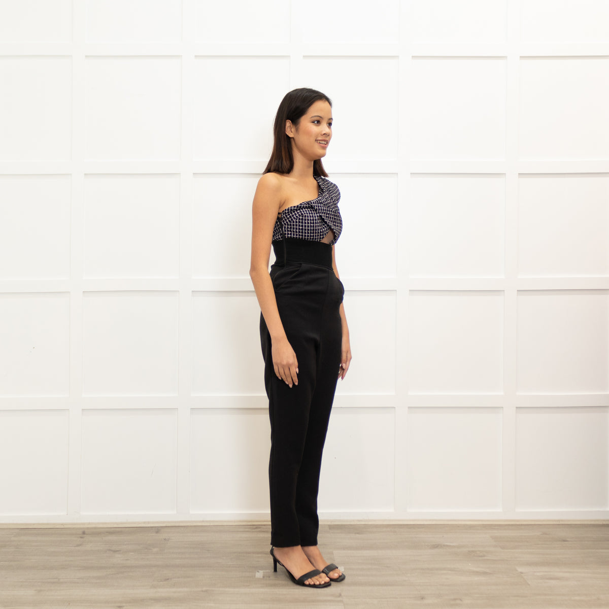 Self - Portrait Black White Check Top One Shoulder Jumpsuit