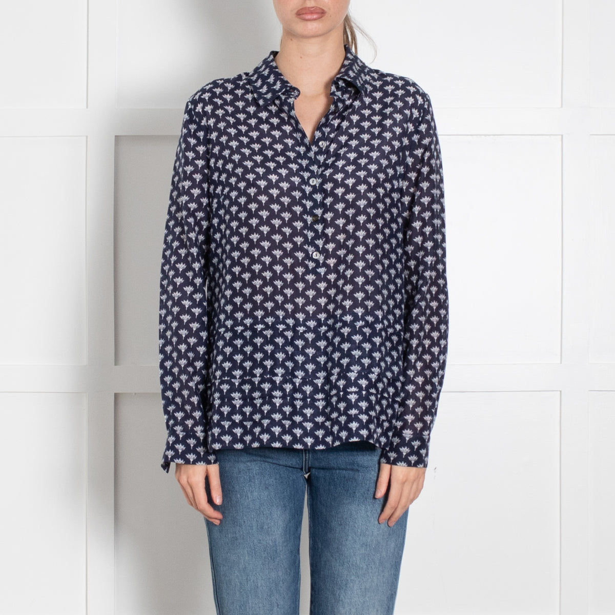 DVF Navy White Floral Fine Cotton Button Front Shirt
