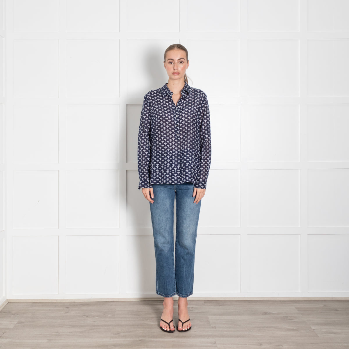 DVF Navy White Floral Fine Cotton Button Front Shirt