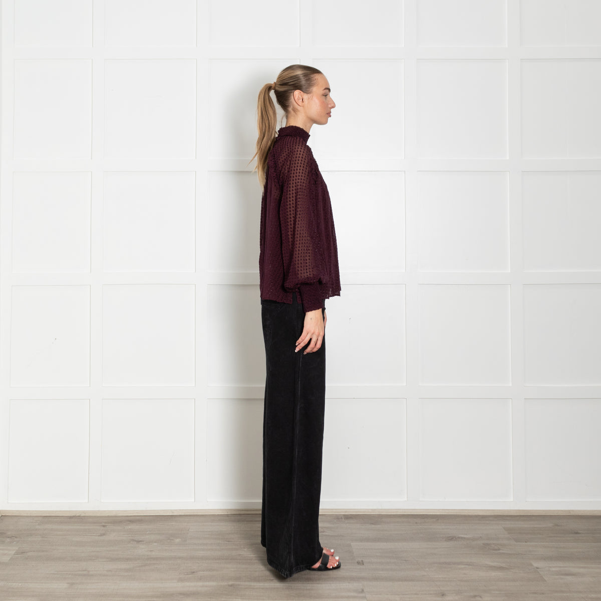 Me + Em Burgundy Sheer with Vest Long Sleeve Dots Top