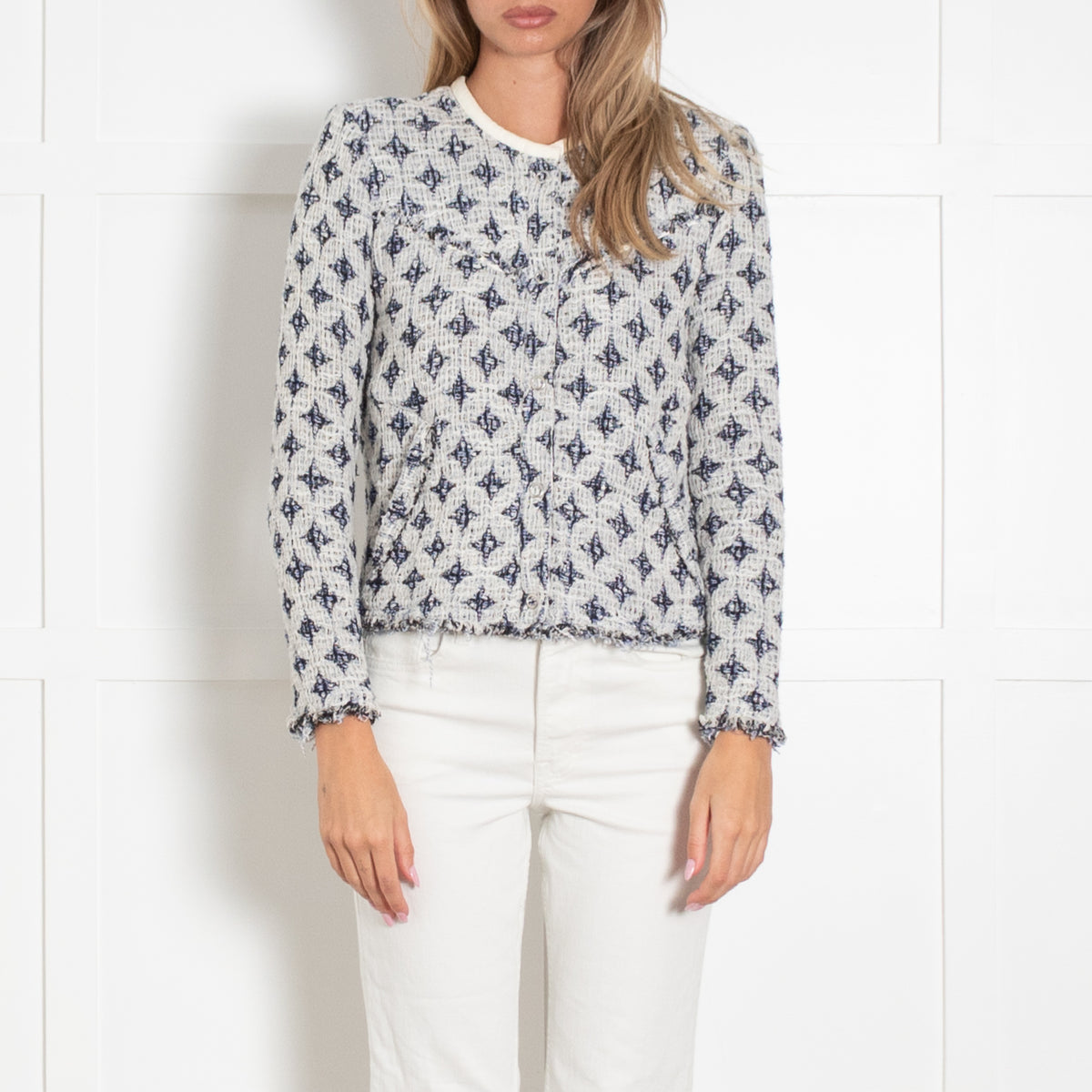 Iro Navy and White Handi Raw Edge Blazer