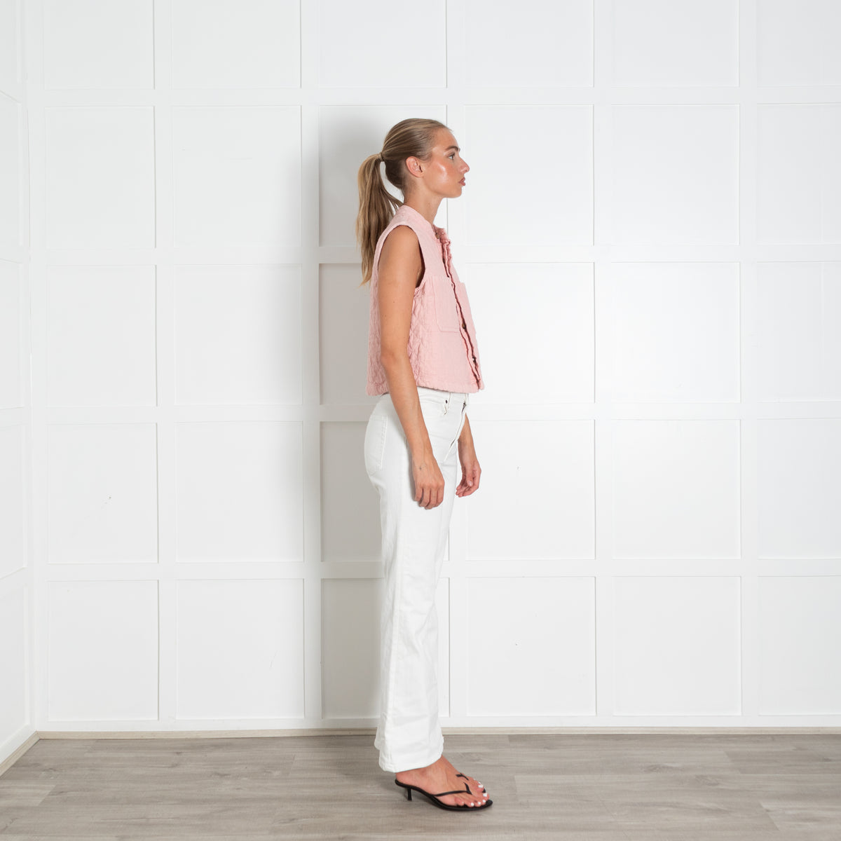 Seventy & Mochi Dusty Pink Qulited Cropped Gilet With White Contrast Stitch And Enamel Buttons
