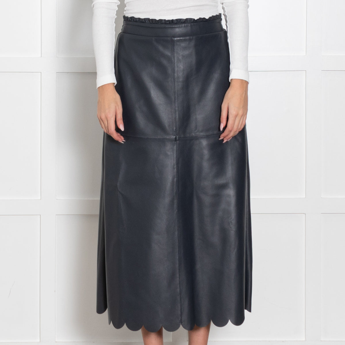 Wyse Navy Scallop Trim Leather Midi Skirt