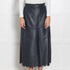 Wyse Navy Scallop Trim Leather Midi Skirt