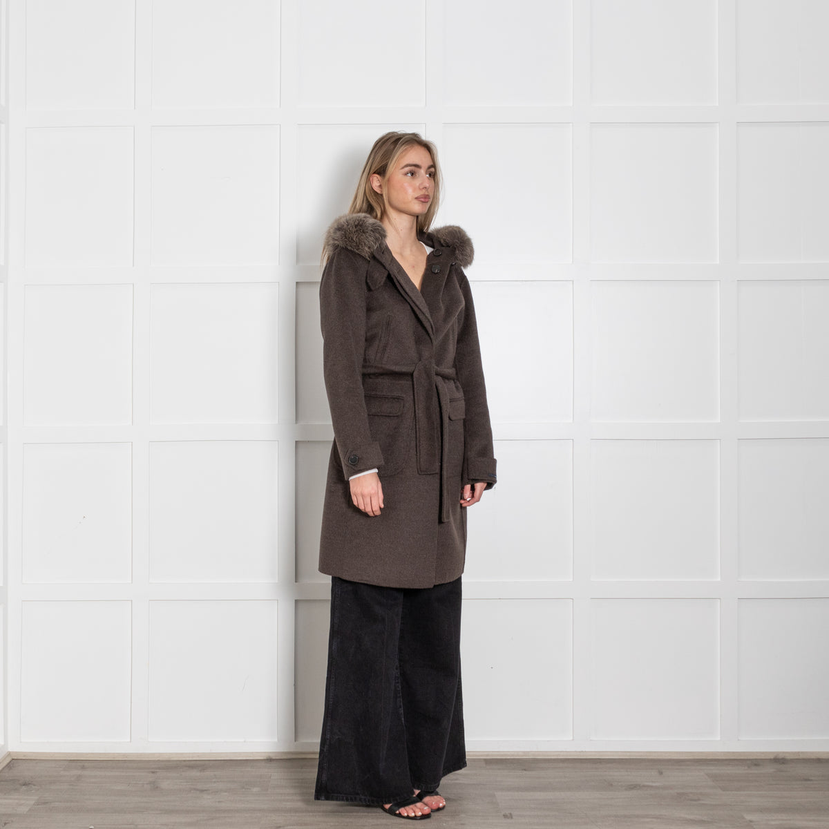 S Max Mara Brown Angora Blend Fur Trim Hooded Coat