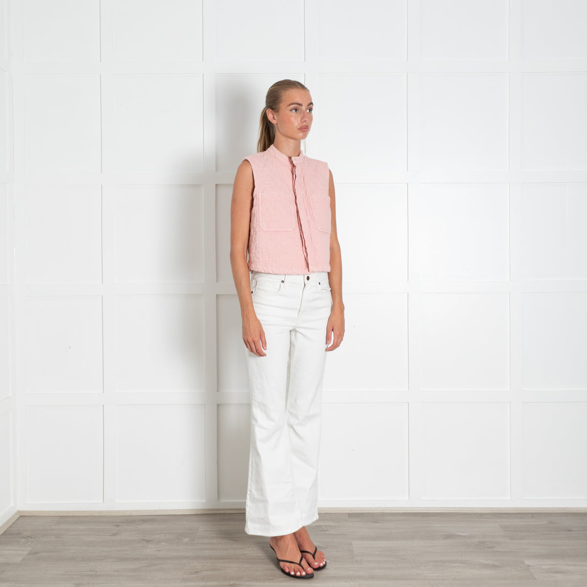 Seventy & Mochi Dusty Pink Qulited Cropped Gilet With White Contrast Stitch And Enamel Buttons